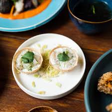 Langbaan signature dishes Kanom Krok, Miang Som, Hokkaido Scallop, Oysters, Halibut, Dungeness Crab Curry